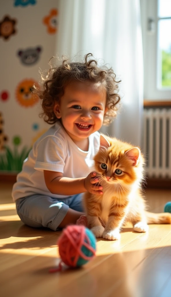 a child plays with a cute kitten