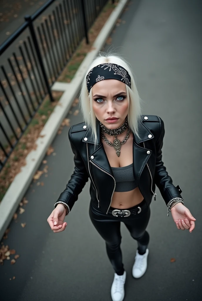 russian milf woman, platinum blonde hair with black parsley bandana headband, with very light blue eyes, extremely pale, heavy eye shadows. Sad face, smeared excessive make up. Wearing black moto jacket, cropped metal band t-shirt, leather skinny jeans and white tennis sneakers . Lots of metallic bracelets and collars. Tacky leather belt with oversized buckle. Thumbs in buckle. Looks at the camera. Open eyes and mouth