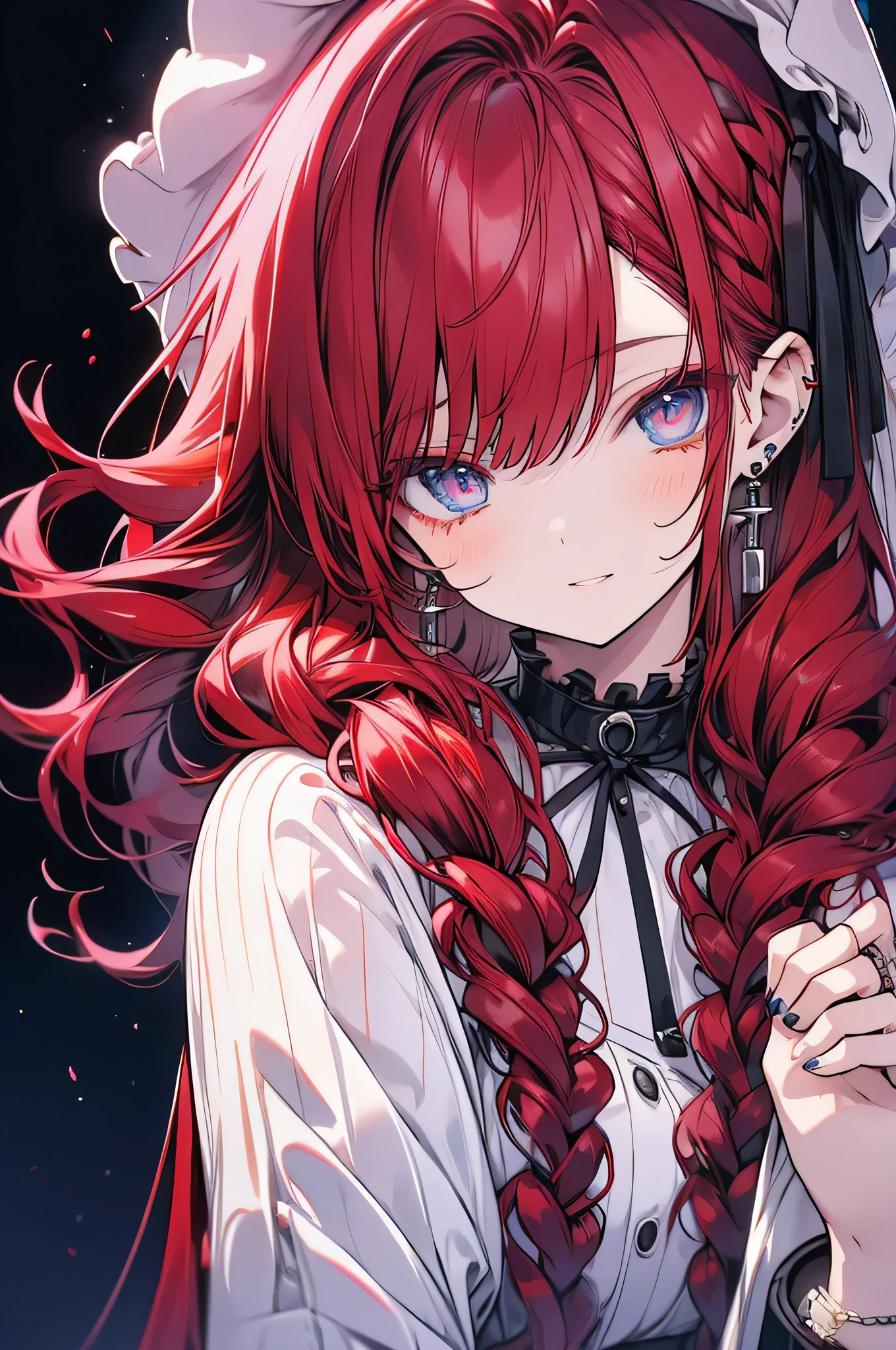 A woman with two braids, cherry red hair. Blue eyes.