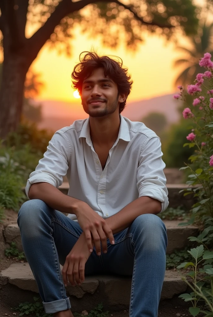 


   - **Prompt**: Raja sitting alone on the steps of his house, smiling but with a hint of sadness in his eyes as he looks around, wishing for a fri

