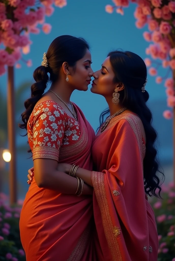 35 year old indian chubby woman, hot saree and blouse , having sexual facial expressions, lips kissing with Boy 20 year old boy.