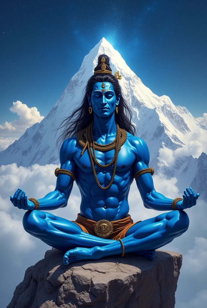 a man (fit big body ,blue body )sitting on mountain flight  shiva, lord shiva, god shiva the destroyer, hinduism, hindu gods, neck around snake , devainart, by Max Dauthendey, shakti, beautiful depiction, goddess art, inspired by Kailash Chandra Meher, hindu art, hindu god, nirvana, vish ,devi Parvati and bhagavan shiv shankar (hindu)
,dark  maditation  position 

