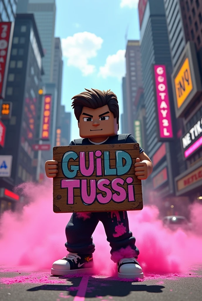 generate a minecraft steve (the skin) Steve in street clothes flow. 
 holding a sign that says GUILD TUSSI in the middle and pink powders (Mafia Godfather atmosphere) I told you about Minecraft.