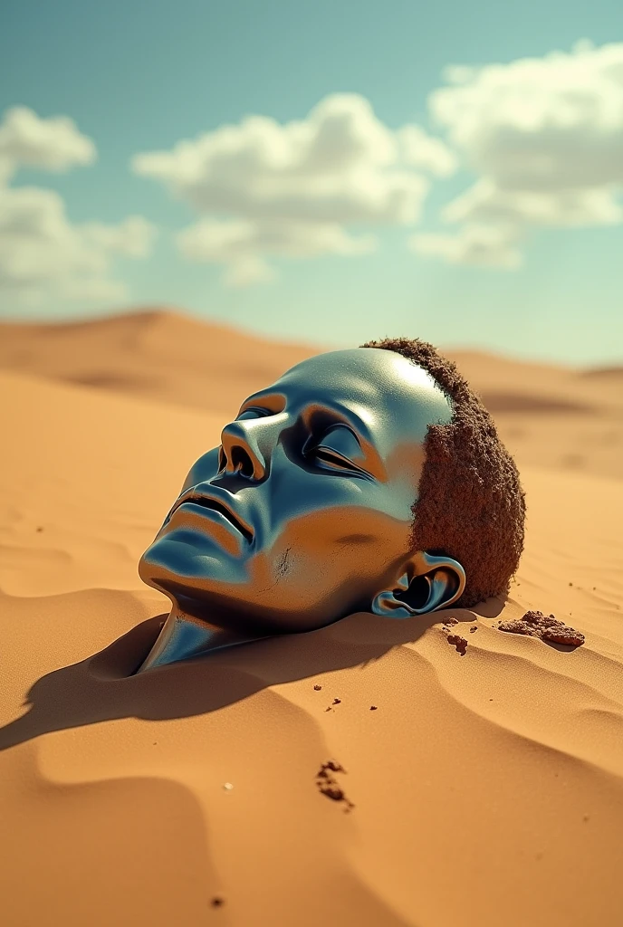 I want an image of a man's metal head with his eyes closed, sad abandoned , deteriorated and covered in sand in the desert