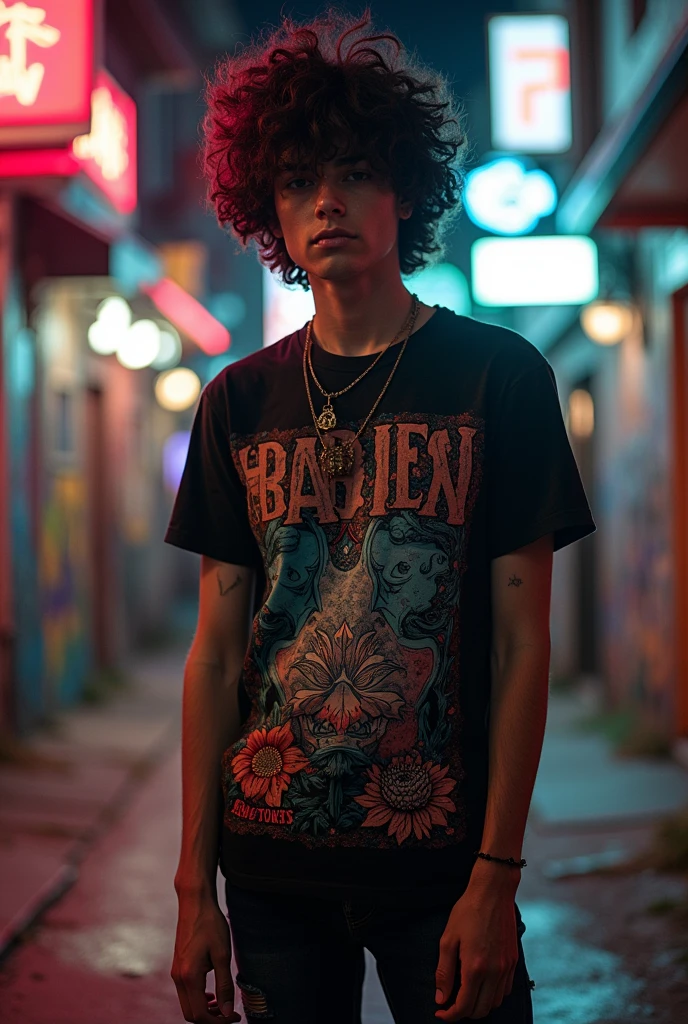 Generate a picture of an emo guy with super curly hair and a rectangular face. , big lips, with many pimples and gay
