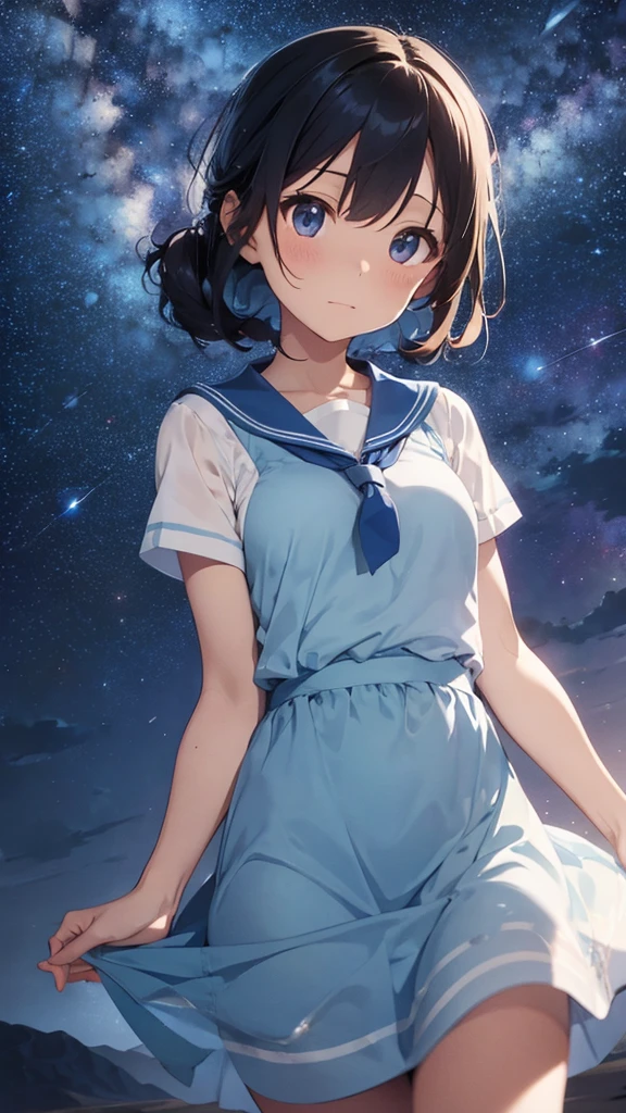 Light blue sailor dress、A barren desert, the night sky, and the Milky Way galaxy.