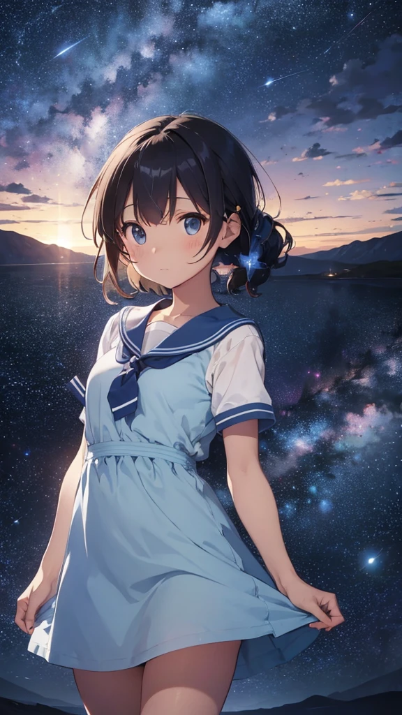 Light blue sailor dress、A barren desert, the night sky, and the Milky Way galaxy.