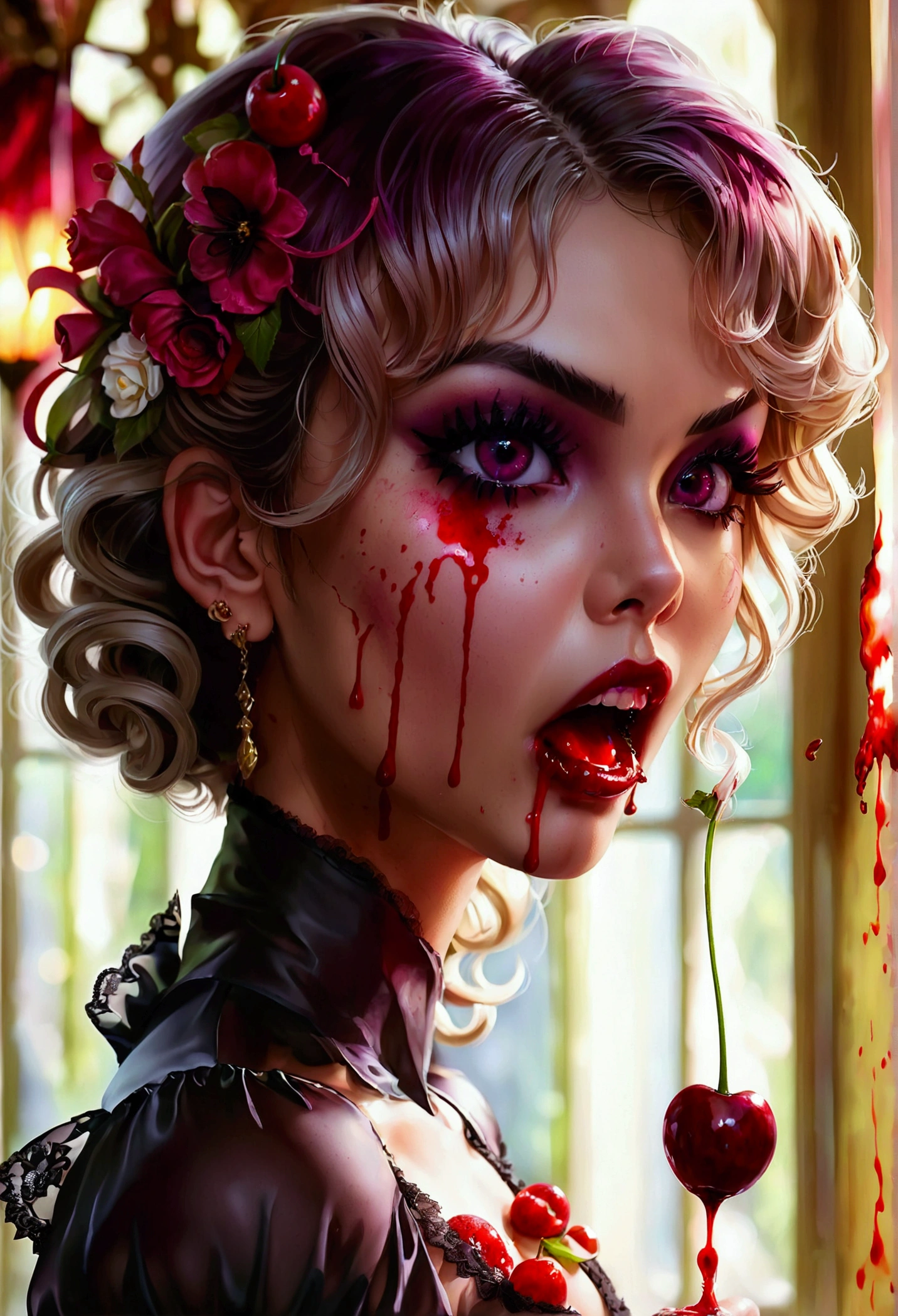 a portrait of a female vampire eating a (bloody cherry: 1.3), an exotic exquisite beautiful female vampire, dynamic hair color, wavy hair, dynamic eyes color, (glowing eyes: 1.1), intense eyes, wearing glamour silk dress, intricate detailed dress, dynamic color dress, dynamic style dress, (eating a large cherry soaked with blood: 1.3), blood dripping from the cheery, whipped cream, dark fantasy pastry shop background,