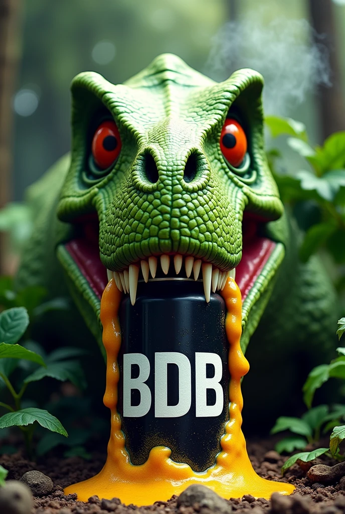 green t-rex skull, having a can of beer in is mouth, canette color is black, writing BDB on it,  teeth stuck in the can, de la mousse et du liquide jaune claire coule de chaque coté de la canette, small sign of smoke coming out of the nostrils, angry eyes orange and red and frowning eyebrows apparence cartoon, a pupille dilatée noir, fond à l'arrière type jungle, la tête du t-rex sort de plusieurs buissons, can of beer is horizontal in the mouth, vision du t-rex depuis l'avant