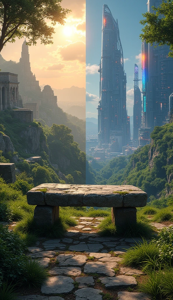 "Create an image of a rustic, ancient stone bench placed in a landscape setting. The background of the image should be divided into two contrasting parts: On the left side, show a panorama that evokes the past, with historical elements such as ancient ruins, natural landscapes and ancient architecture; on the right side, show a futuristic future with high-tech structures, futuristic cities and futuristic landscapes. The transitions between the two eras should be smooth, creating a sense of continuity and contrast. The stone bench should be positioned centrally, serving as a point of reflection between the two worlds."