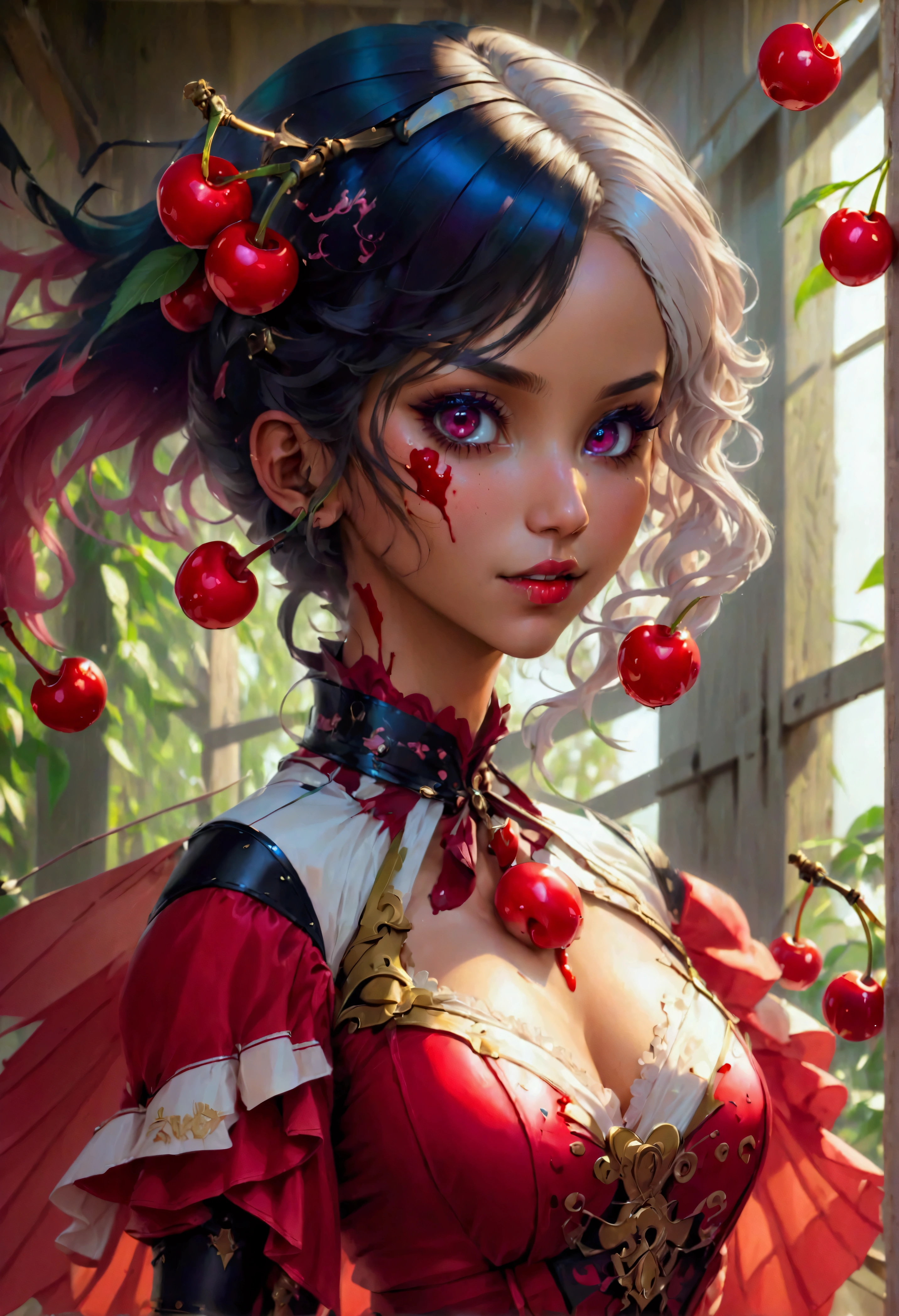 a portrait of a female vampire eating a (bloody cherry: 1.3), an exotic exquisite beautiful female vampire, dynamic hair color, wavy hair, dynamic eyes color, (glowing eyes: 1.1), intense eyes, wearing glamour silk dress, intricate detailed dress, dynamic color dress, dynamic style dress, (eating a large cherry soaked with blood: 1.3), blood dripping from the cheery, whipped cream, dark fantasy pastry shop background,