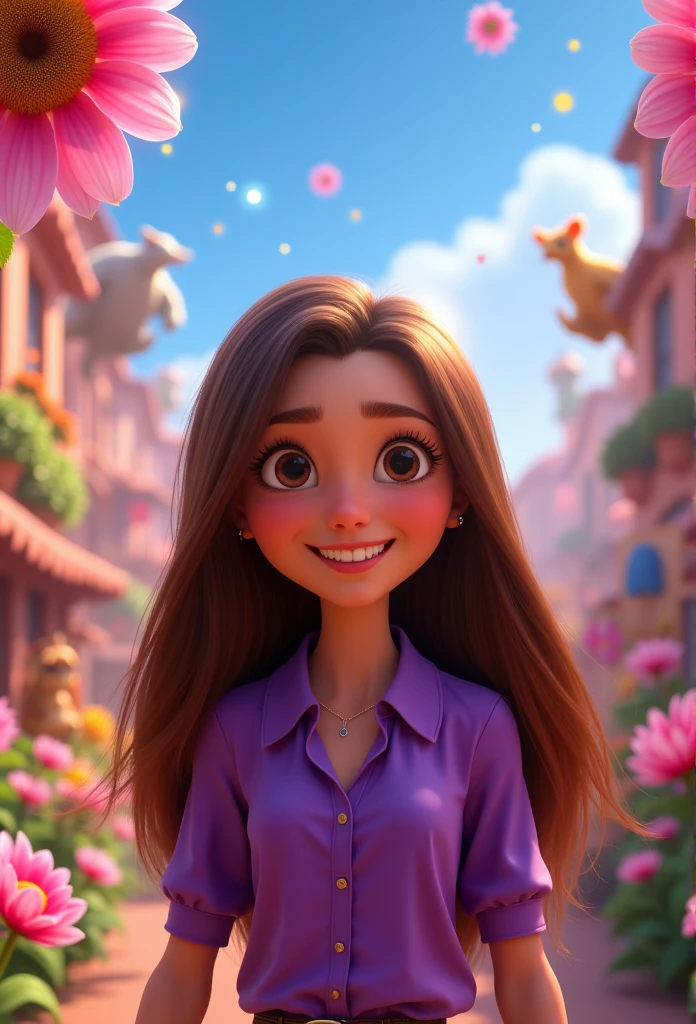 Create a 3D Movie Poster Inspired by Disney Pixar, The scene should be in Pixar's signature digital art style, with a caricature image representing a woman, with long, straight brown hair, with purple blouse.