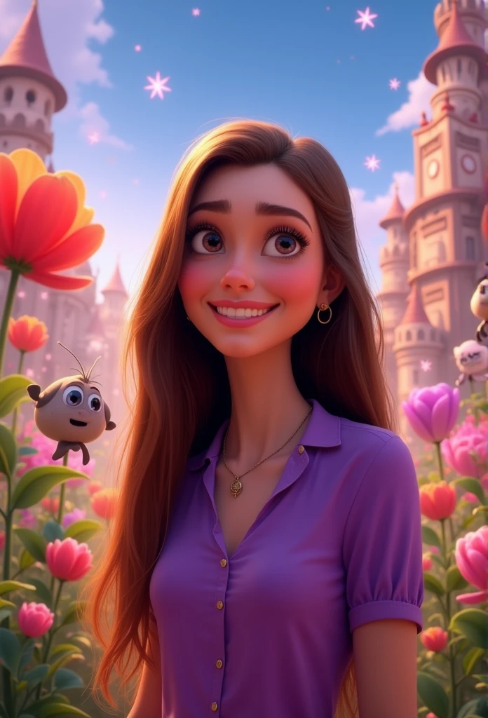 Create a 3D Movie Poster Inspired by Disney Pixar, The scene should be in Pixar's signature digital art style, with a caricature image representing a woman, with long, straight brown hair, with purple blouse.