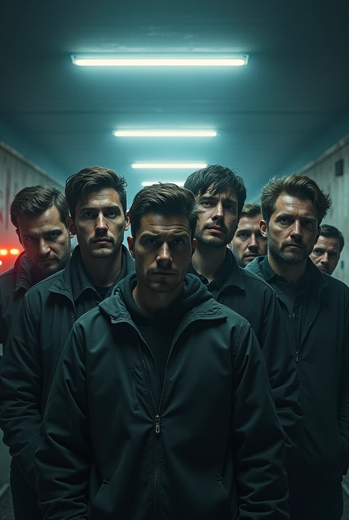 The cover of a book.
Divided into two halves.
In the lower half, 7 men around 27 years old, and in the background, the lights of a police patrol.
And in the upper half a corpse.