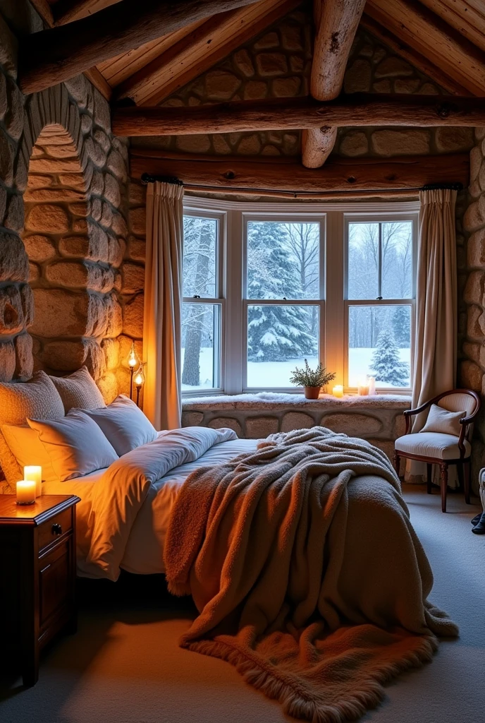 Create a room with a bed, where the focus is on the bed. It's snowing outside, it's wintery in the evening, there are beautiful candles in the room. It's so beautiful sawing wood stony but also beautiful bad and elegant and very cozy.