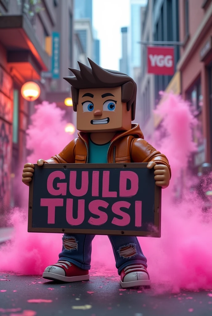 generate a minecraft steve (the skin) with street clothes flow.
holding a sign that says GUILD TUSSI in the middle and pink powders (Mafia Godfather atmosphere) I told you about Minecraft.