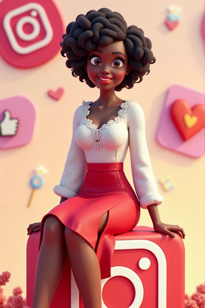 Create a 3D illustration of an animated character of a beautiful dark brunette woman of 32 years old with curly hair, short,Brown color,slightly slanted honey-colored eyes,she is sitting casually on top of an instagram social media logo, The character must wear a red midi pencil skirt with a side slit, long sleeved plain white lace blouse,the crowd is bota bico until,medium brown barrel, the background of the image is a social media profile page with the name jessica it is a profile picture like the character. 