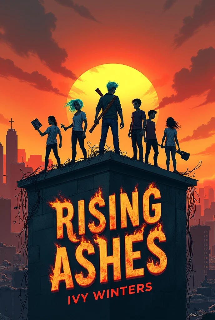 Create a book cover for Rising Ashes by Ivy Winters that’s about agers who are trying to survive a zombie apocalypse 

