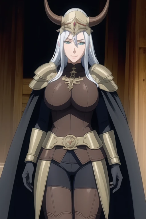 (high quality:1.2), intricate detailed, colorful,
VanessaCromwell, 1girl, mature female, solo, cowboy shot,
looking at viewer, determined,
white hair, long hair, green eyes, smile 
armor, breastplate, shoulder armor, sexy pose, bodysuit, horned helmet, gloves, cape, cloak, cape warped around, cape pose (arms under her cape 1.2)
large breasts, 
Room, laying down 
 