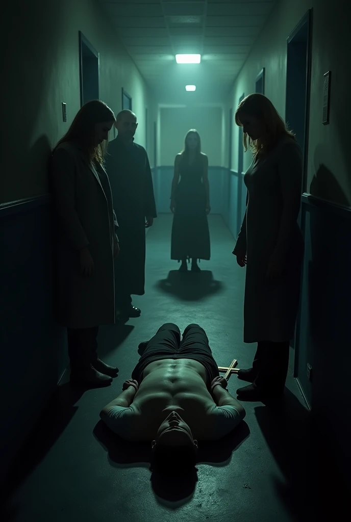 (photorealism:1.2), Dark corridor, light at the end. There are six people standing in the center, three women and three men. The dead body of a 50-year-old man lies on the floor, only his head and a little of his body are visible. Next to the man lies a gold cross, with which children are baptized. At the very end of the corridor stands a woman about 30 years old, blonde.