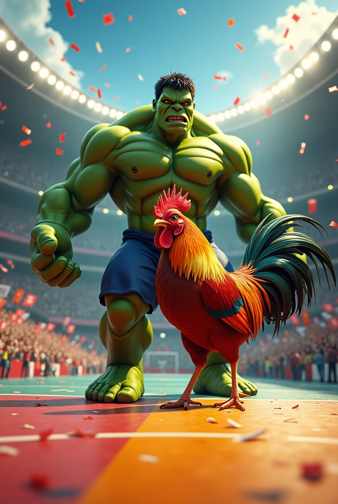 Rooster beating Marvel's Hulk on a sports court