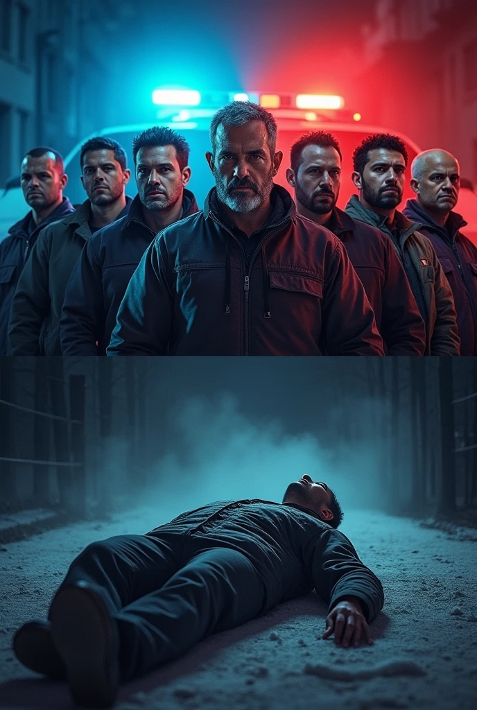 The cover of a book.
Divided into two halves.
In the lower half, 7 men around 27 years old, and in the background, the lights of a police patrol.
And in the upper half a corpse.