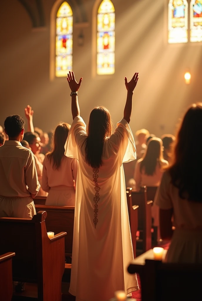 Calling Thank You to God in Church.