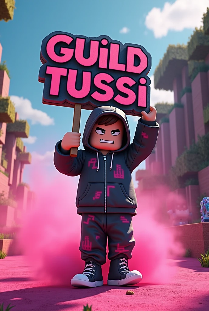 generate a minecraft steve (the skin) with street clothes flow. 
 holding a sign that says GUILD TUSSI in the middle and pink powders (Mafia Godfather atmosphere) I told you about Minecraft. Steve from Minecraft. WITH MINECRAFT DETAILS.