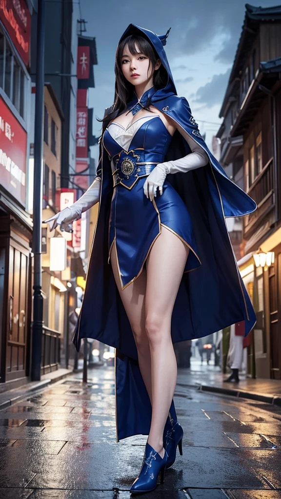 South korea asssassin's creed walk women mystery hooded on with modern royal Blue coat with long and wide sleeves with buttons and royal Blue cape and very high white heel over the knee and white gloves, As she reveals a small secret hidden blade coming from his palm , adding to the characters mysterious, with small movements of air on the cape, in summer at night under the rain, with buildings featuring curved eaves and detailed architecture. sophisticated and highly detailed, ultra hd, realistic, hyper detailed, enhanced colours, ultra sharp focus, with vibrant, rich in details High quality, gorgeous, captivating, 8k, super detailed, stunning shadows, detailed lines, blood stain on coat and gloves, corpses in the street recently murdered