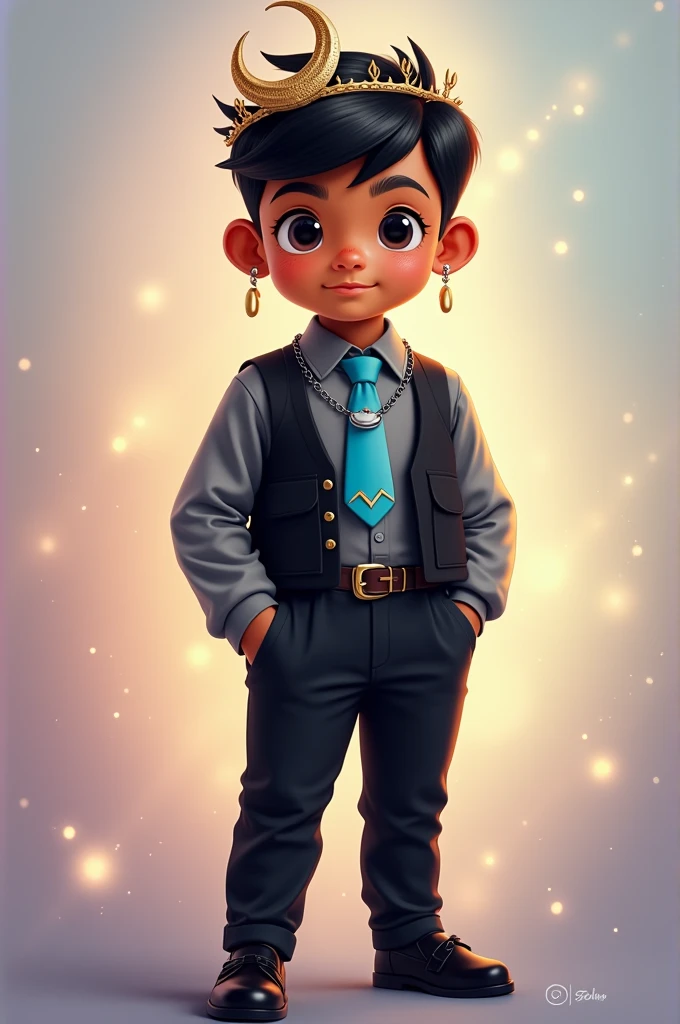 A young boy with brown skin, Mole on the cheek , black hair with a quiff, wearing black moccasin shoes, black gabardine pants, black belt with a crescent moon buckle, dark gray shirt, black long sleeve unbuttoned vest, sky blue tie, silver chain necklace with a crescent moon pendant and a golden olive branch crown with a snowflake figure on top