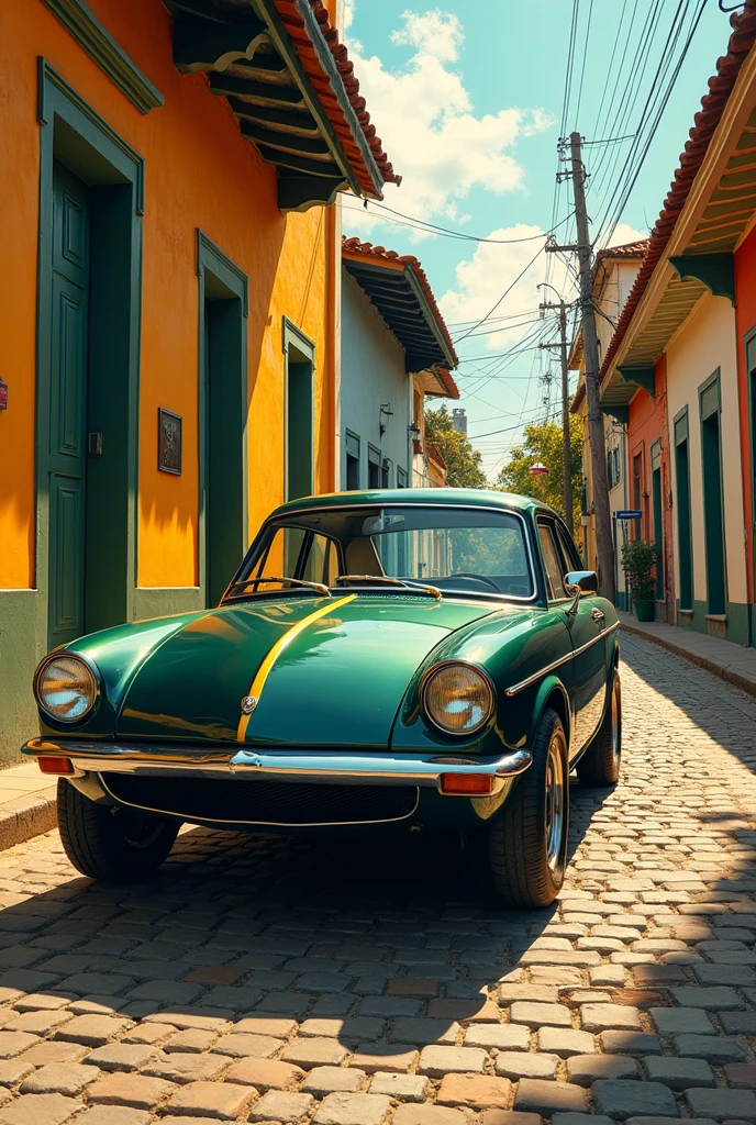 Painting of a modern Chevette car in dark green color with the yellow Chevrolet logo positioned diagonally with the license plate MCZ 1989 in the front parked on a street with old houses in the Northeast of Brazil. 