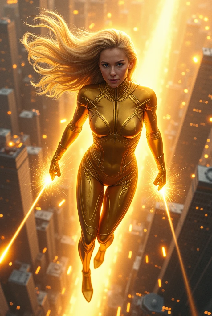 Woman, modern hero costume, gold costume, anti-matter motive costume, laser eyes, gold laser eyes, blond hair, anti-matter power around her, anti-matter power, in city, powerful, physic power,very detailed face, very detailed costume, very detailed photo, masterpiece, best quality, full body, flying pose, flying in the sky, laser eyes, anti-matter eyes, anti-matter power in body, comic realistic style