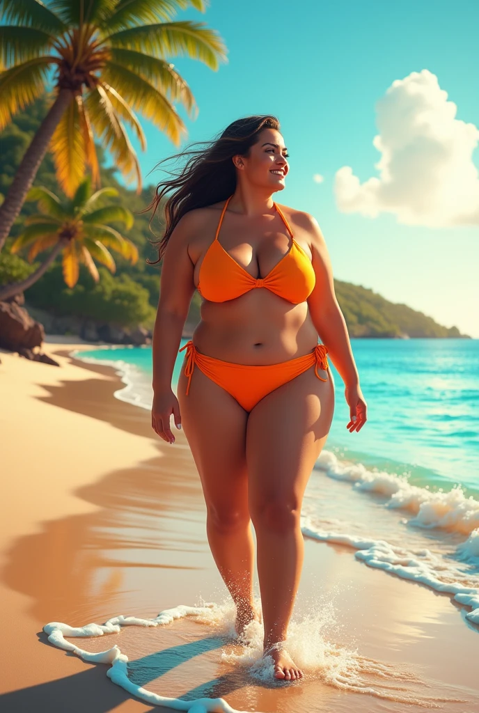 Plus size woman in a brightly colored bikini standing proudly on the sun-kissed shores, gentle waves lapping at her feet, reflection of the clear blue sky on the wet sand, palm trees swaying in the background, digital painting, ultra realistic, golden hour lighting.