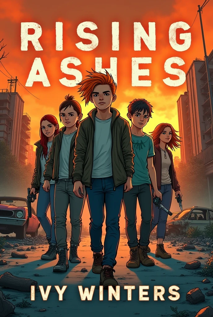Create a book cover for Rising Ashes by Ivy Winters that’s about teenagers who are trying to survive a zombie apocalypse