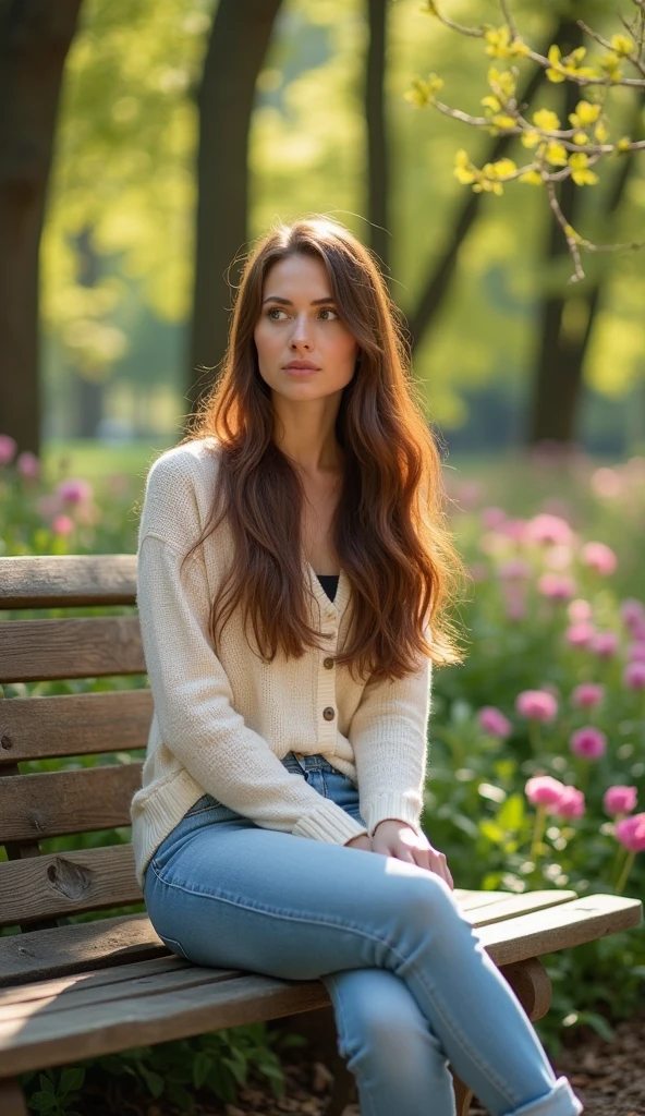 Woman seen from the front sitting on a park bench