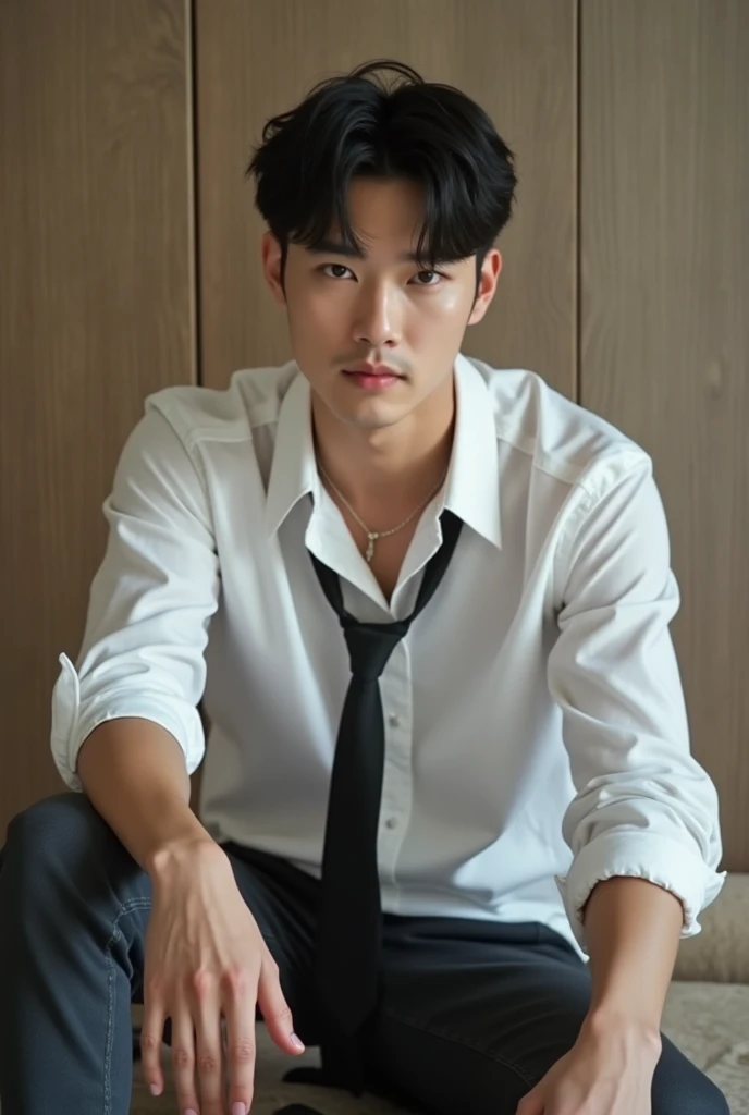 Handsome Korean male idol, , Filming porn,penis visible, white tee, necktie, Spreading legs, pretty body 