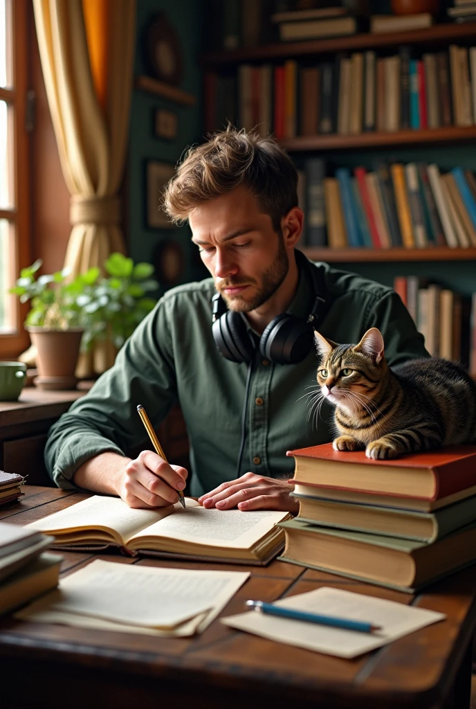 One man writing notes. A cat . Some books and a headphone