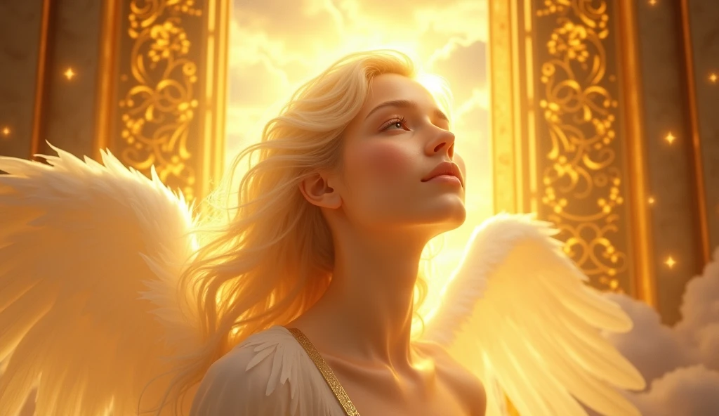 face of an angel facing forward entering the gates of heaven, beautiful bright gold colors, ultra realistic 4k, looking straight ahead