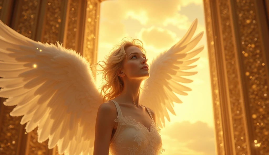 face of an angel facing forward entering the gates of heaven, beautiful bright gold colors, ultra realistic 4k, looking straight ahead