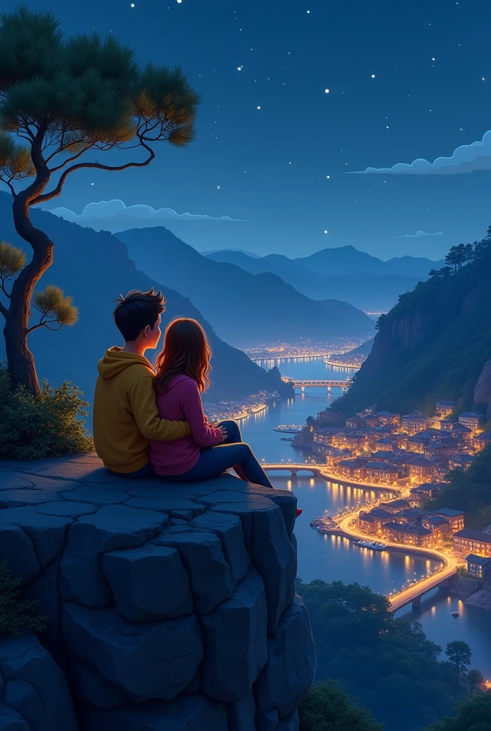 Cartoon Lovers sitting on the rock watching below the town evening lights like sparkling stars and darkness
