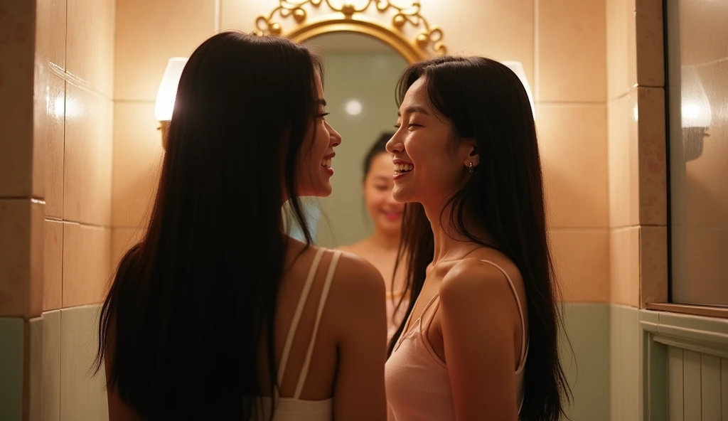 Two 20 year old girls with straight black hair standing in the bathroom without wearing clothes, Indonesian teenagers with full bodies