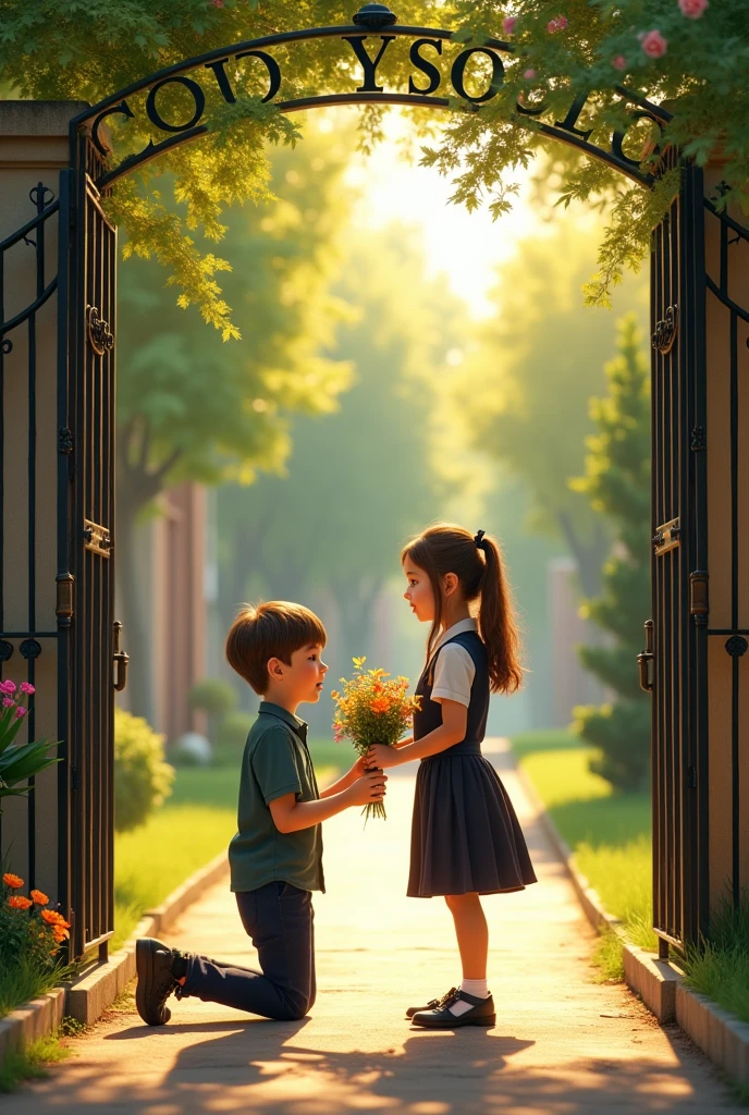 Boy proposing a girl with school gate 