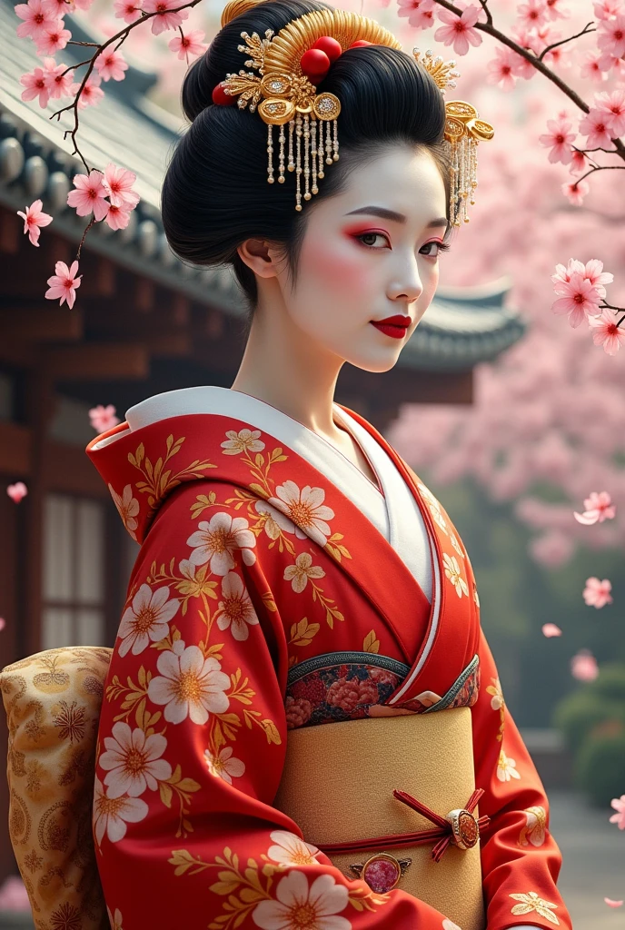 (The gorgeously sexy adorned geisha, embodying a harmonious blend of grace and allure, symbolizes traditional Japanese beauty and elegance. She is depicted in a stunningly detailed painting, with intricate details shining through her delicate features and flowing kimono. The composition captures her serene expression and delicate gestures with a sense of perfection and refinement. This high-quality image exudes a sense of timeless beauty and cultural richness.