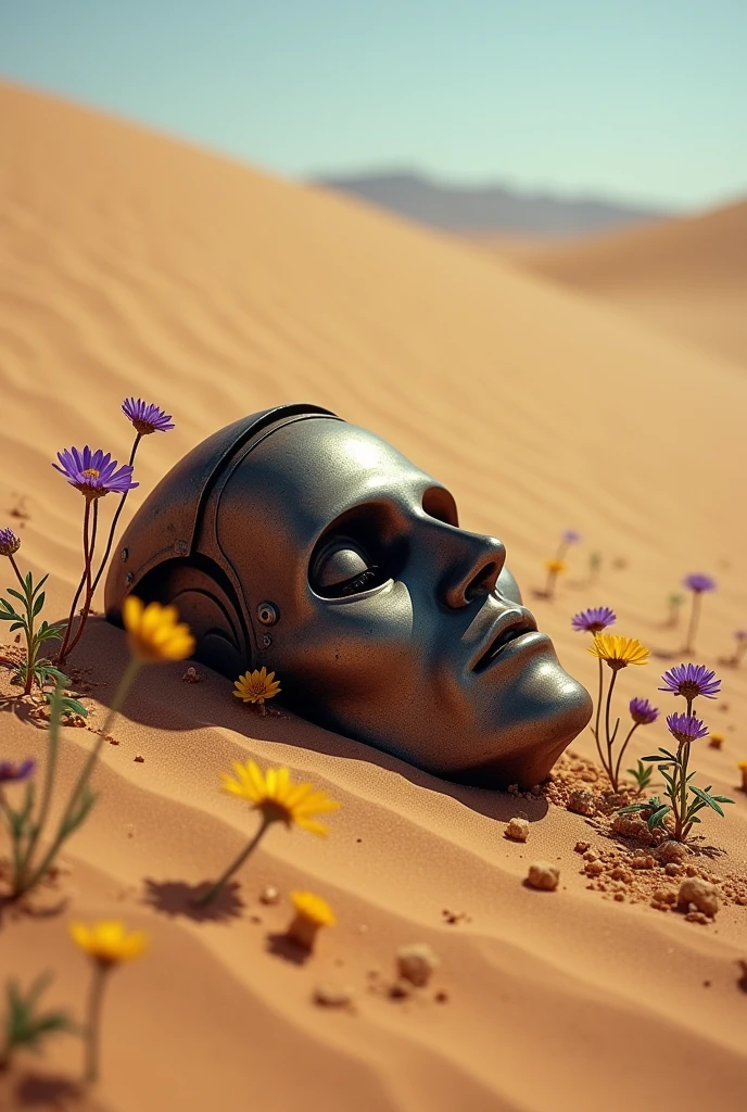 I want an image of a man's metal head with his eyes closed, scared abandoned , deteriorated and covered in sand in the desert with flowers 