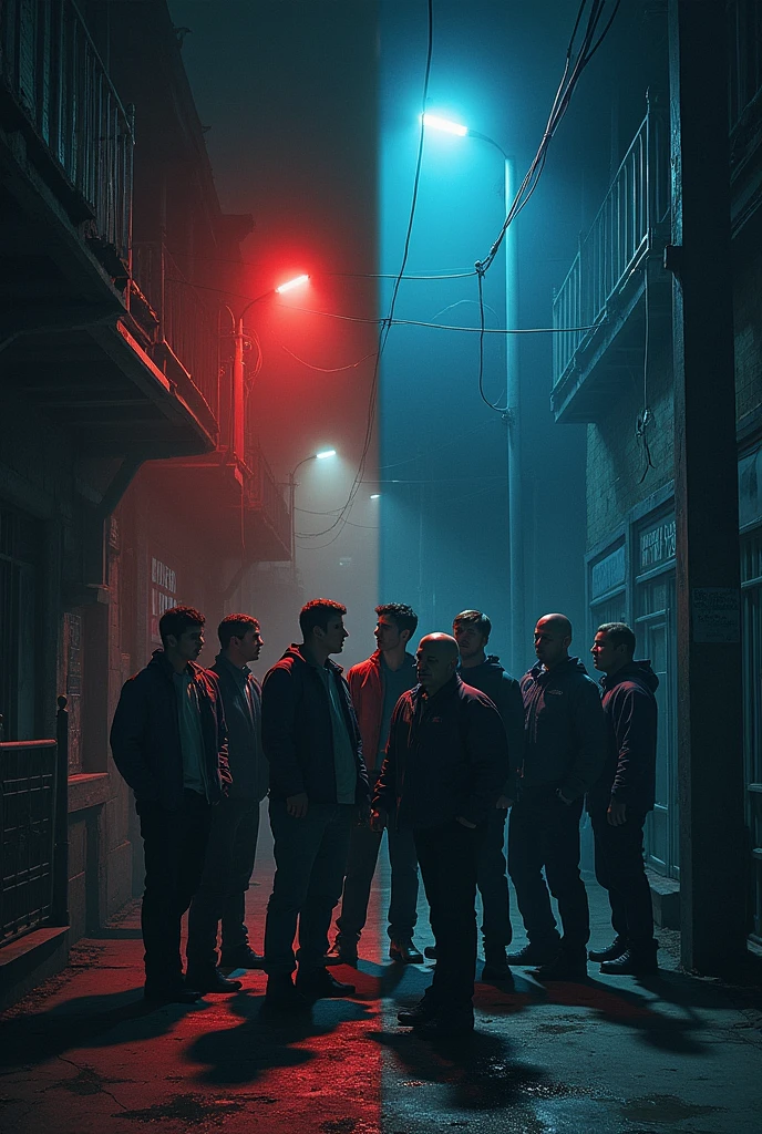 The cover of a book.
Divided into two halves.
In the lower half, 7 men around 27 years old, and in the background, the lights of a police patrol.
And in the upper half a corpse.