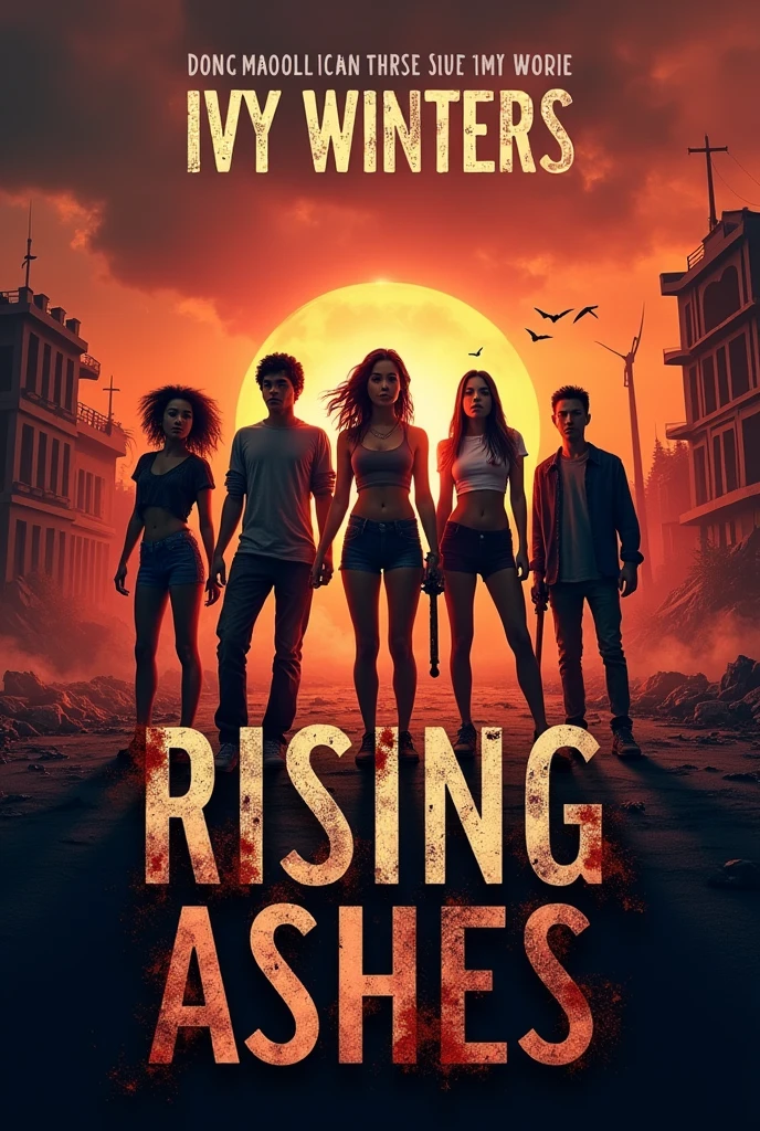 Create a book cover for Rising Ashes by Ivy Winters that’s about teenagers who are trying to survive a zombie apocalypse