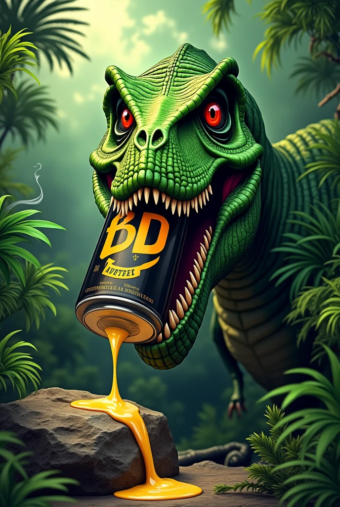 green t-rex skull, having a can of beer in is mouth, canette color is black, writing BDB on it, teeth stuck in the can, du liquide jaune claire coule de chaque coté de la canette, small sign of smoke coming out of the nostrils, angry eyes orange and red and frowning eyebrows apparence cartoon, a pupille dilatée ????, fond à l'arrière type jungle, la tête du t-rex sort de plusieurs buissons, can of beer is horizontal in the mouth, vision du t-rex depuis l'avant, il a ses griffes posées sur un rocher en dessous de sa tête et de la bière coule sur le rocher, la canette est à plat dans sa bouche