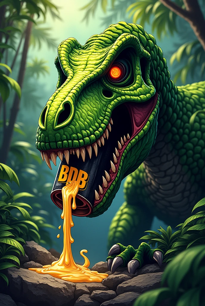green t-rex skull, having a can of beer in is mouth, canette color is black, writing BDB on it, teeth stuck in the can, du liquide jaune claire coule de chaque coté de la canette, small sign of smoke coming out of the nostrils, angry eyes orange and red and frowning eyebrows apparence cartoon, a pupille dilatée ????, fond à l'arrière type jungle, la tête du t-rex sort de plusieurs buissons, can of beer is horizontal in the mouth, vision du t-rex depuis l'avant, il a ses griffes posées sur un rocher en dessous de sa tête et de la bière coule sur le rocher, la canette est à plat dans sa bouche
