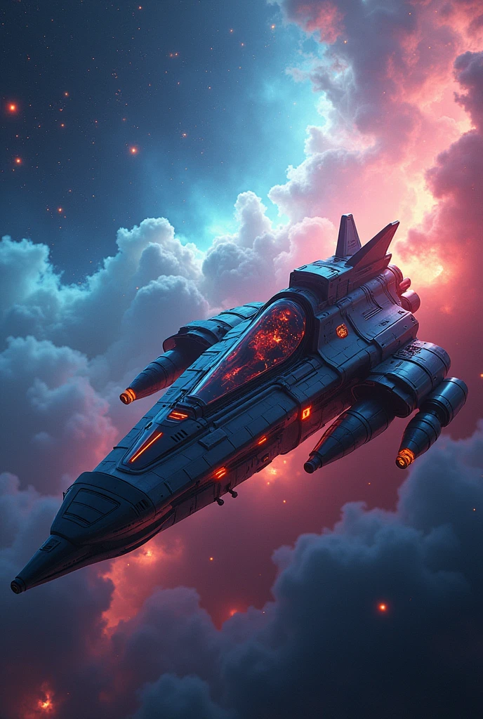 a detailed science fiction scene, a spaceship flying through a nebula, intricate futuristic technology, glowing holographic displays, sleek metallic surfaces, astronauts in advanced spacesuits, epic space exploration, cinematic lighting, dynamic camera angles, stunning cosmic landscapes, vibrant neon colors, highly detailed, hyper-realistic, 8k, photorealistic, professional, masterpiece