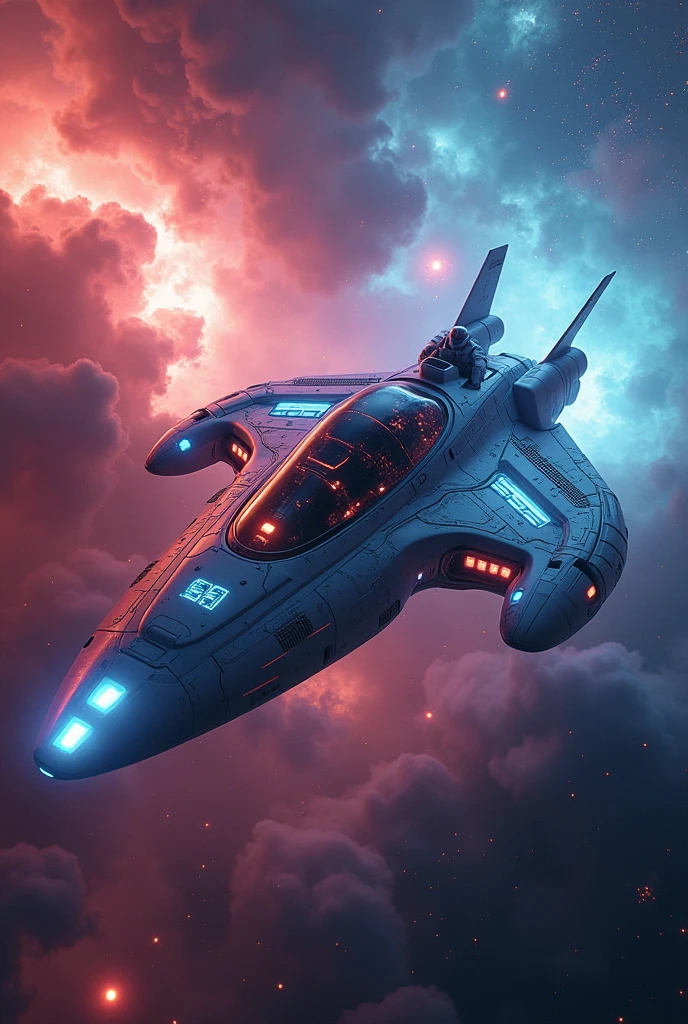 a detailed science fiction scene, a spaceship flying through a nebula, intricate futuristic technology, glowing holographic displays, sleek metallic surfaces, astronauts in advanced spacesuits, epic space exploration, cinematic lighting, dynamic camera angles, stunning cosmic landscapes, vibrant neon colors, highly detailed, hyper-realistic, 8k, photorealistic, professional, masterpiece